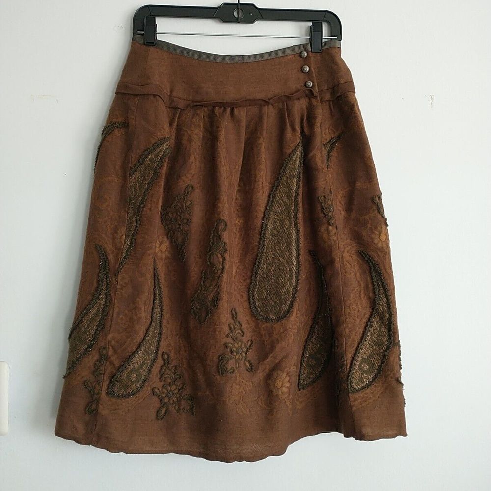 Yansi Fugel Brown Embroidered Midi Skirt